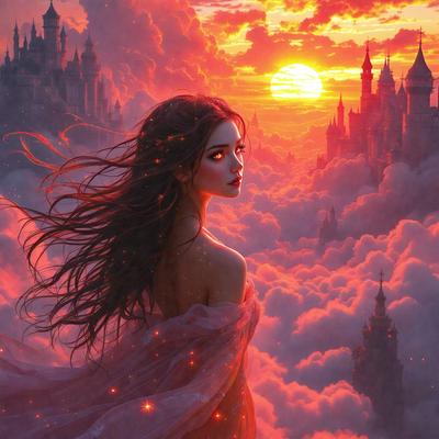 The primary subject of the image is a woman with long hair, standing in front of a beautiful sunset. She is wearing a flowing dress and appears to be looking at the sunset. The setting is a cloudy sky, which adds to the overall atmosphere of the scene. The visual style of the image is digital art, with the woman and the sunset being the main focus of the composition. The colors in the image are predominantly warm and vibrant, creating a serene and captivating mood.
